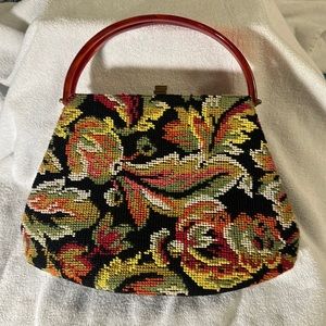 Vintage Garay Floral Needlepoint Bag with Lucite Handles